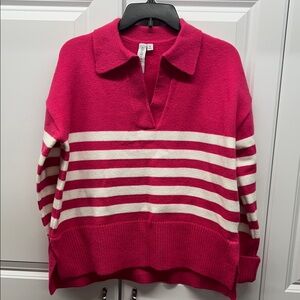 Grace+Karma - Pink and White Striped V-Neck Sweater - Small